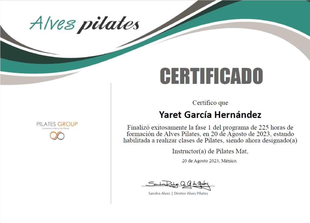 Certificado de Alves Pilates para Yaret García, instructora de Lunazul.